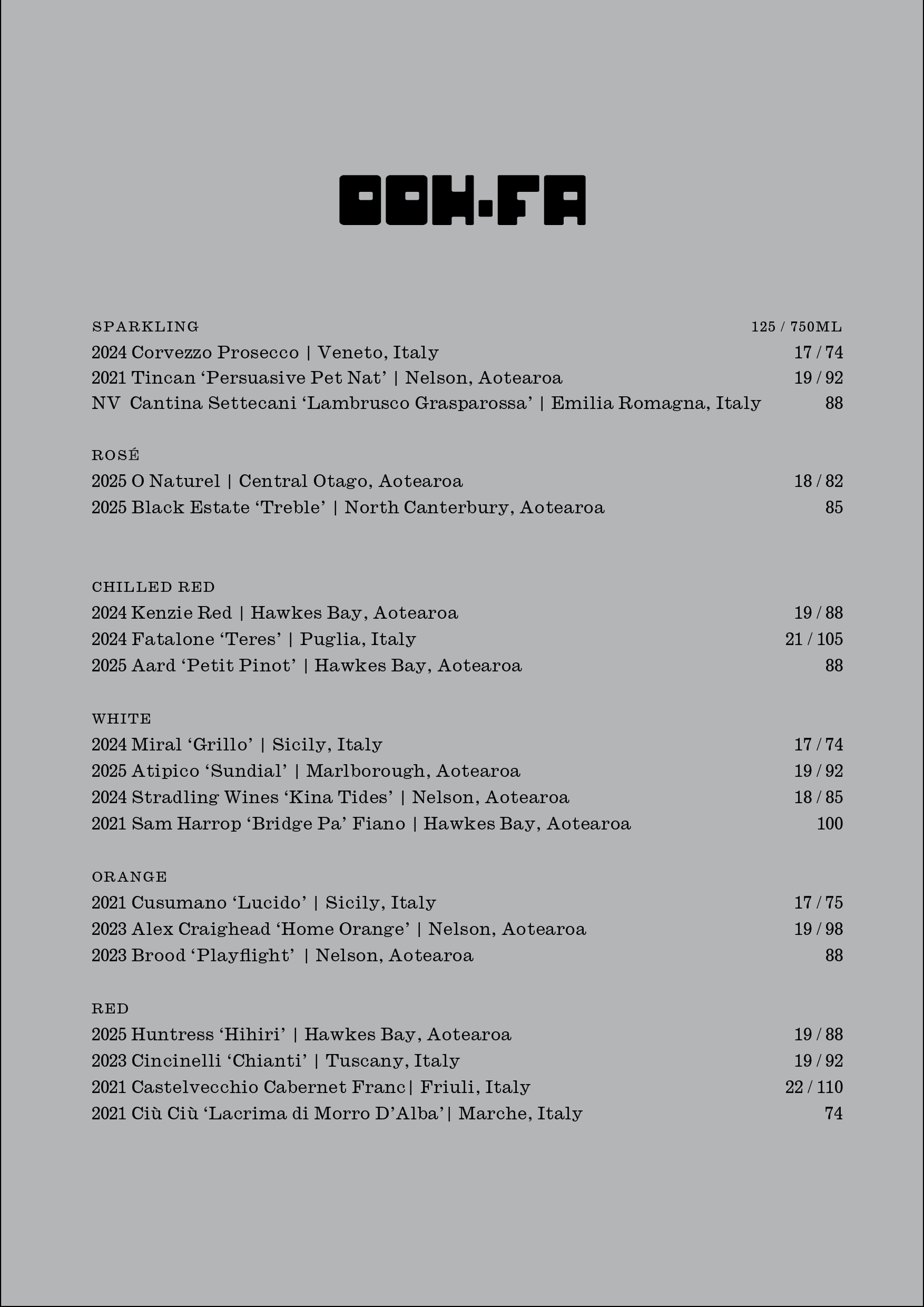 OOH-FA WINE MENU