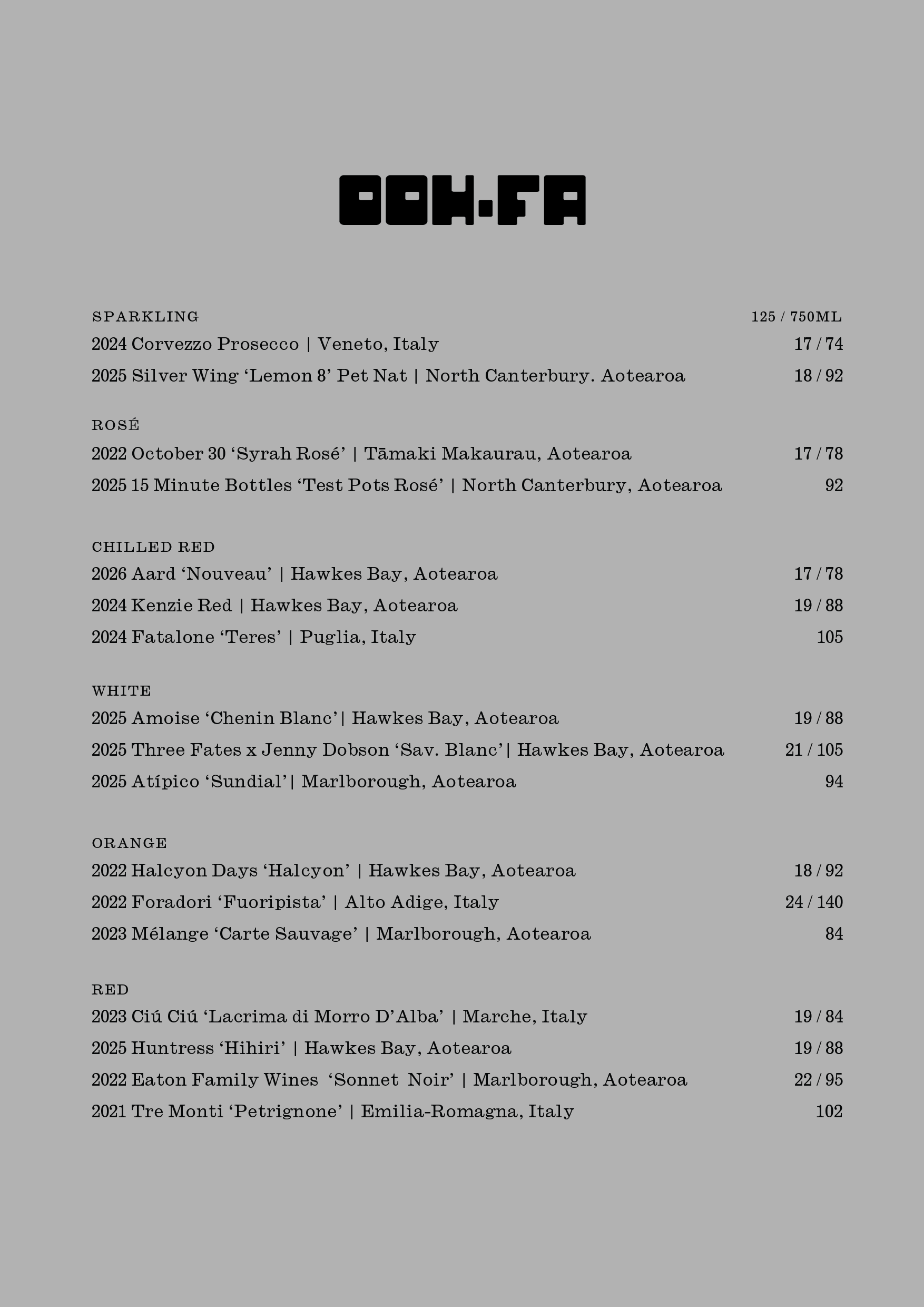 OOH-FA WINE MENU